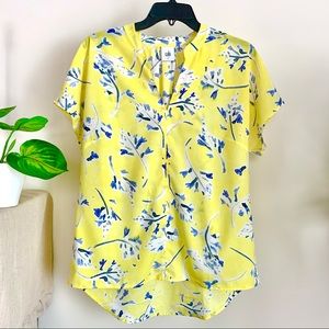 Cabi yellow blue floral split neck blouse